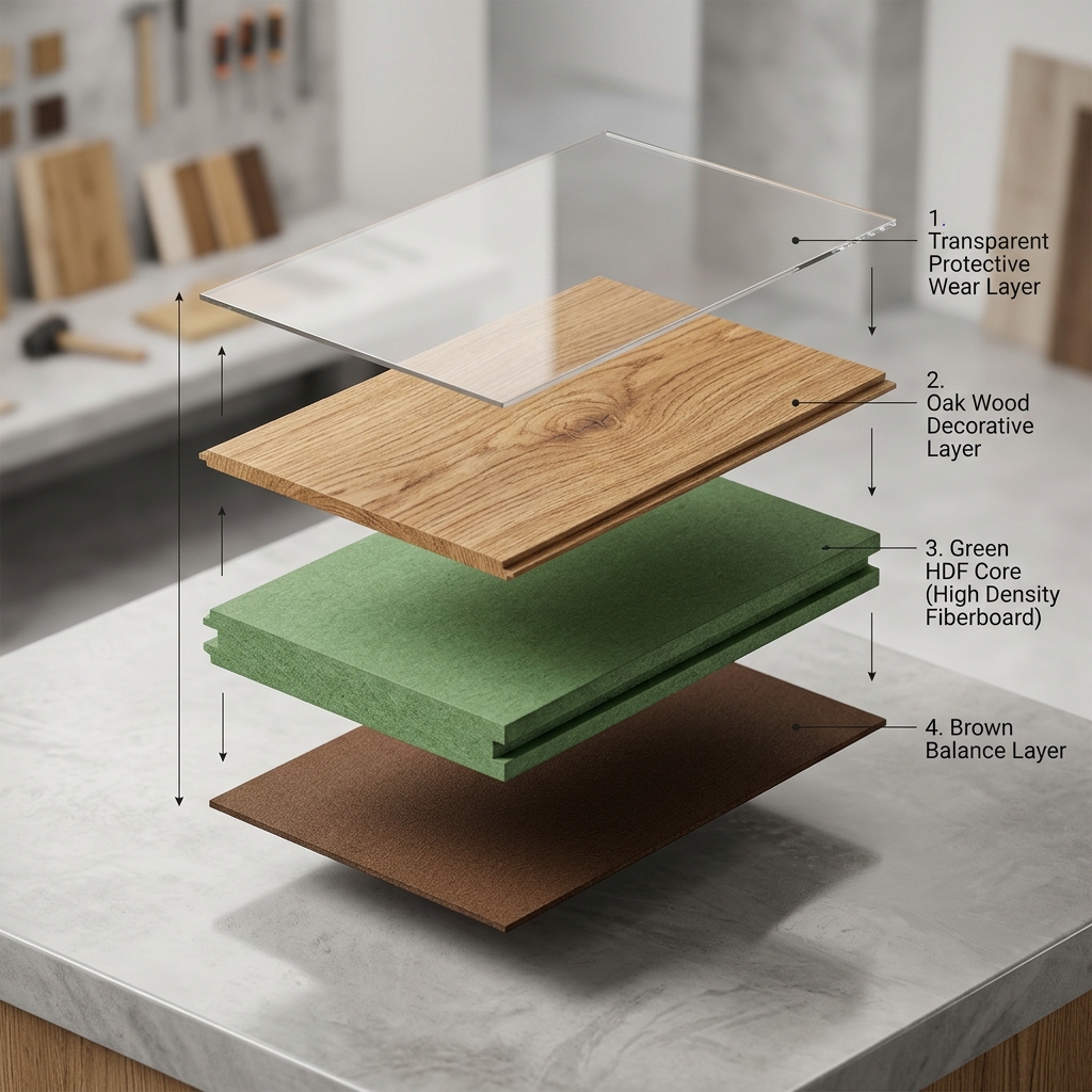 Engineered wood parquet layer construction